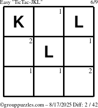 The grouppuzzles.com Easy TicTac-JKL puzzle for Sunday August 17, 2025 with the first 2 steps marked