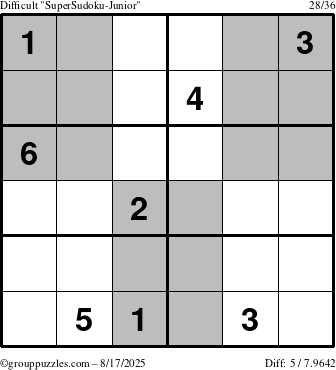 The grouppuzzles.com Difficult SuperSudoku-Junior puzzle for Sunday August 17, 2025