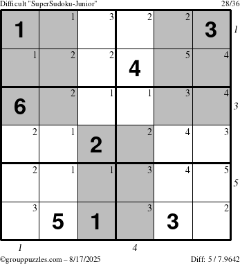 The grouppuzzles.com Difficult SuperSudoku-Junior puzzle for Sunday August 17, 2025 with all 5 steps marked