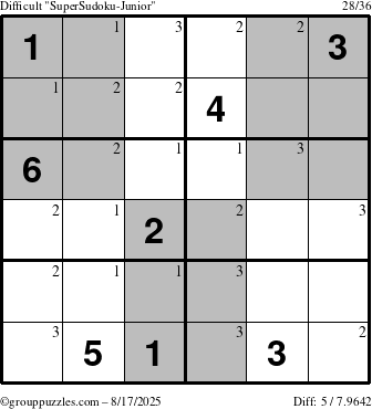 The grouppuzzles.com Difficult SuperSudoku-Junior puzzle for Sunday August 17, 2025 with the first 3 steps marked
