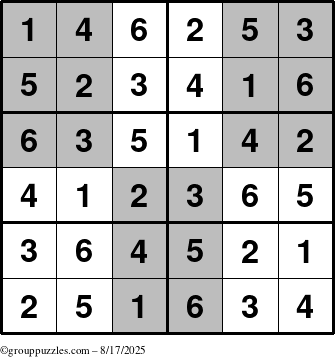 The grouppuzzles.com Answer grid for the SuperSudoku-Junior puzzle for Sunday August 17, 2025