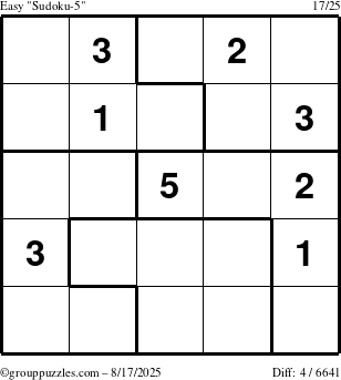 The grouppuzzles.com Easy Sudoku-5 puzzle for Sunday August 17, 2025