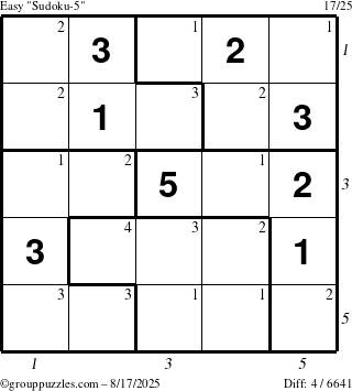 The grouppuzzles.com Easy Sudoku-5 puzzle for Sunday August 17, 2025 with all 4 steps marked