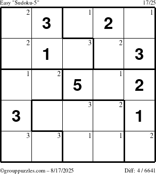 The grouppuzzles.com Easy Sudoku-5 puzzle for Sunday August 17, 2025 with the first 3 steps marked