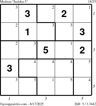 The grouppuzzles.com Medium Sudoku-5 puzzle for Sunday August 17, 2025 with all 5 steps marked