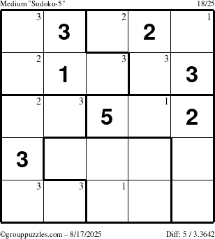 The grouppuzzles.com Medium Sudoku-5 puzzle for Sunday August 17, 2025 with the first 3 steps marked