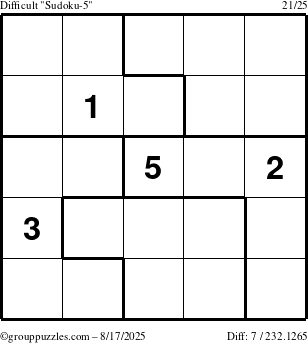 The grouppuzzles.com Difficult Sudoku-5 puzzle for Sunday August 17, 2025