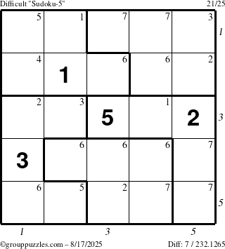 The grouppuzzles.com Difficult Sudoku-5 puzzle for Sunday August 17, 2025 with all 7 steps marked