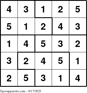 The grouppuzzles.com Answer grid for the Sudoku-5 puzzle for Sunday August 17, 2025
