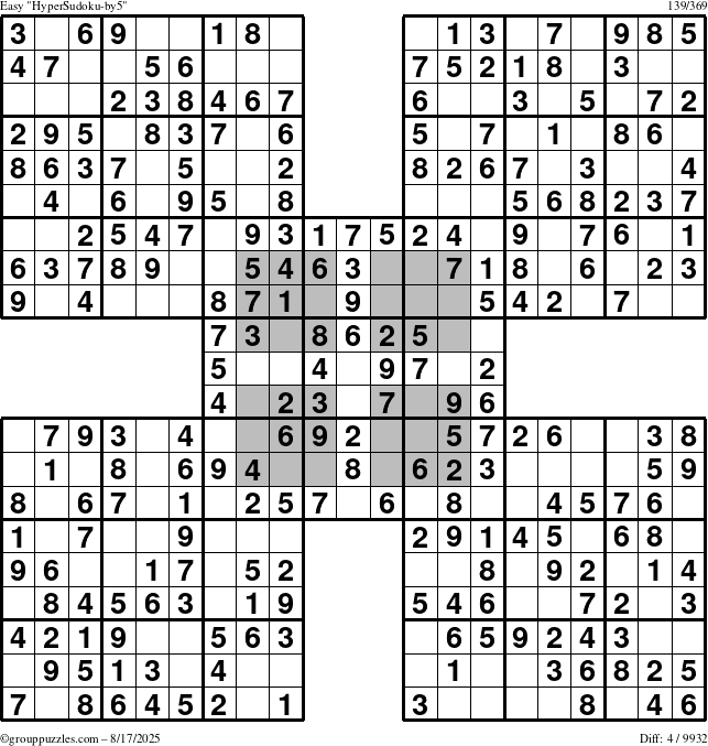 The grouppuzzles.com Easy HyperSudoku-by5 puzzle for Sunday August 17, 2025