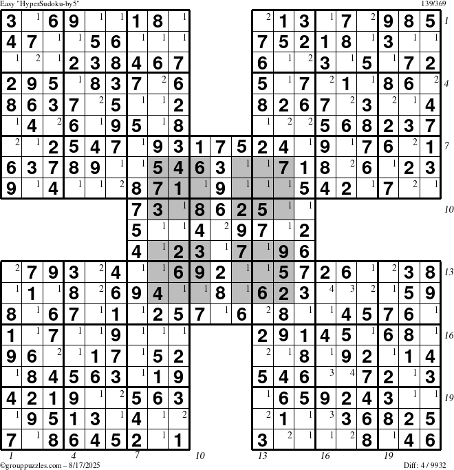 The grouppuzzles.com Easy HyperSudoku-by5 puzzle for Sunday August 17, 2025 with all 4 steps marked