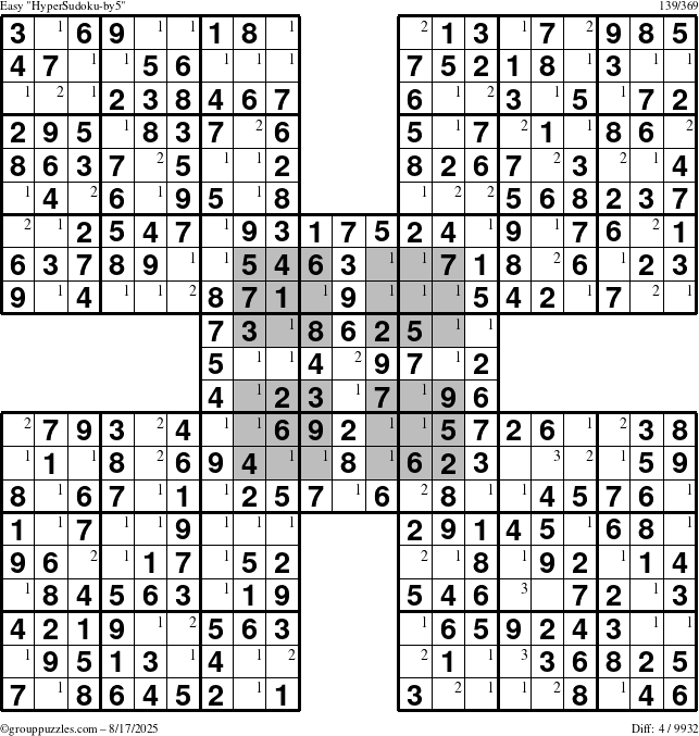 The grouppuzzles.com Easy HyperSudoku-by5 puzzle for Sunday August 17, 2025 with the first 3 steps marked