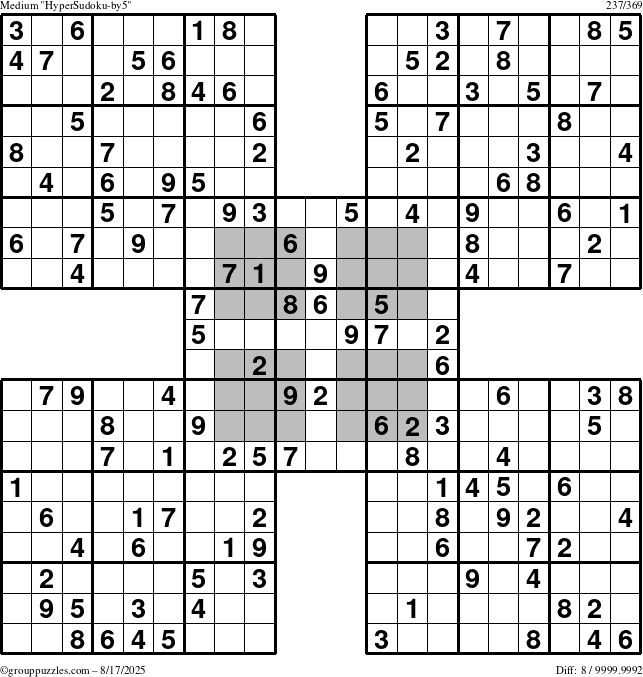 The grouppuzzles.com Medium HyperSudoku-by5 puzzle for Sunday August 17, 2025