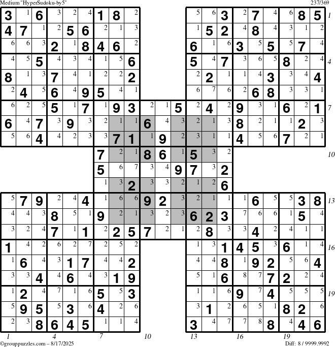 The grouppuzzles.com Medium HyperSudoku-by5 puzzle for Sunday August 17, 2025 with all 8 steps marked