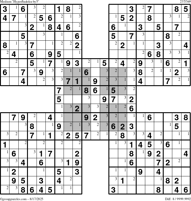 The grouppuzzles.com Medium HyperSudoku-by5 puzzle for Sunday August 17, 2025 with the first 3 steps marked