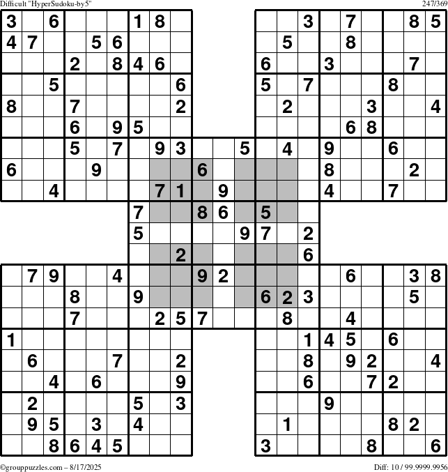 The grouppuzzles.com Difficult HyperSudoku-by5 puzzle for Sunday August 17, 2025