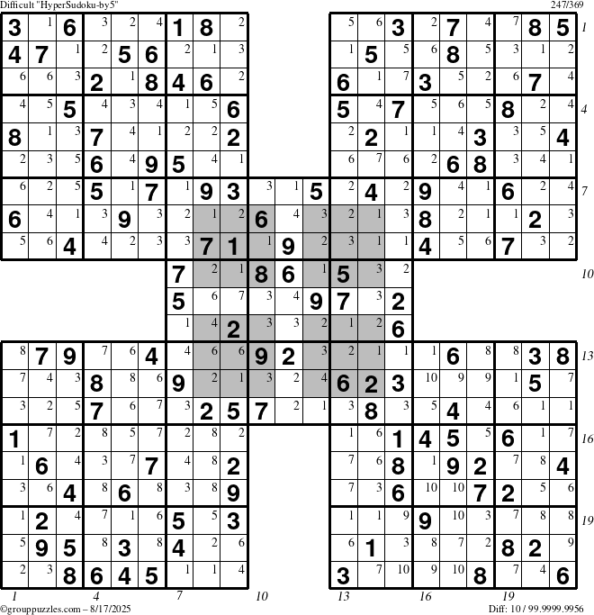 The grouppuzzles.com Difficult HyperSudoku-by5 puzzle for Sunday August 17, 2025 with all 10 steps marked