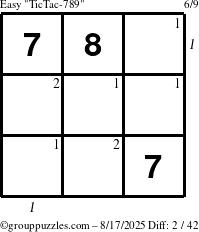 The grouppuzzles.com Easy TicTac-789 puzzle for Sunday August 17, 2025 with all 2 steps marked