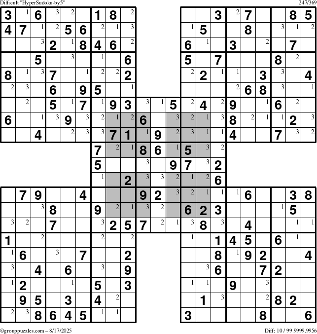 The grouppuzzles.com Difficult HyperSudoku-by5 puzzle for Sunday August 17, 2025 with the first 3 steps marked