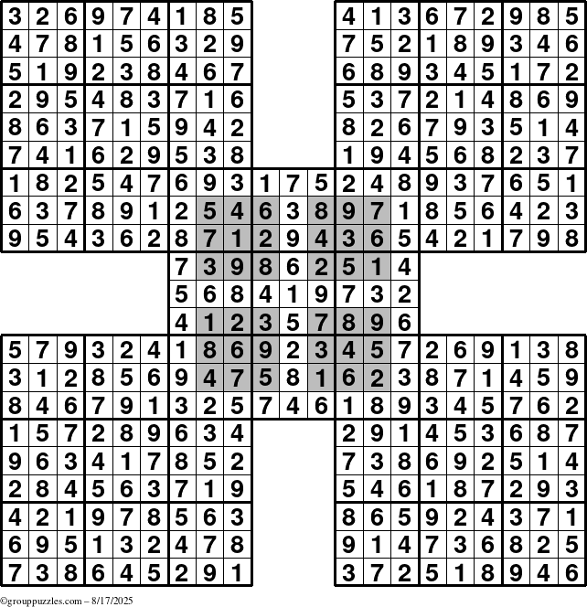 The grouppuzzles.com Answer grid for the HyperSudoku-by5 puzzle for Sunday August 17, 2025