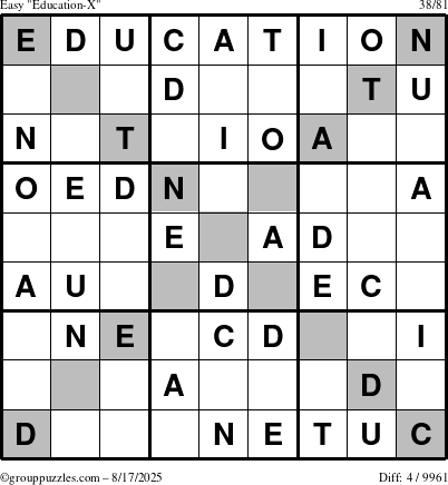 The grouppuzzles.com Easy Education-X puzzle for Sunday August 17, 2025