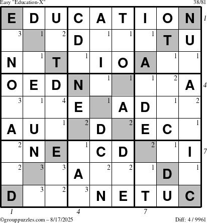 The grouppuzzles.com Easy Education-X puzzle for Sunday August 17, 2025 with all 4 steps marked