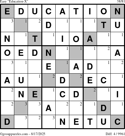 The grouppuzzles.com Easy Education-X puzzle for Sunday August 17, 2025 with the first 3 steps marked