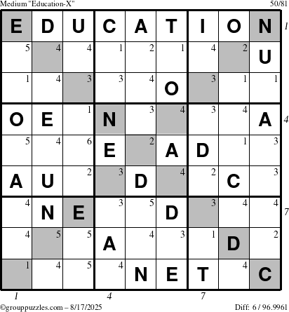 The grouppuzzles.com Medium Education-X puzzle for Sunday August 17, 2025 with all 6 steps marked