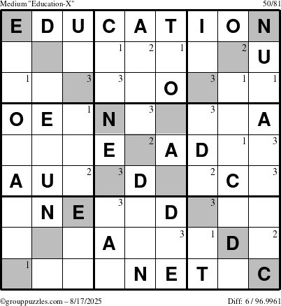 The grouppuzzles.com Medium Education-X puzzle for Sunday August 17, 2025 with the first 3 steps marked