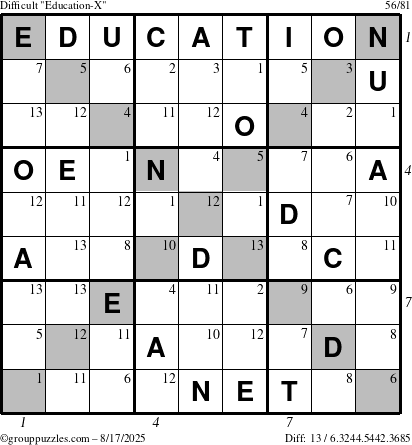 The grouppuzzles.com Difficult Education-X puzzle for Sunday August 17, 2025 with all 13 steps marked