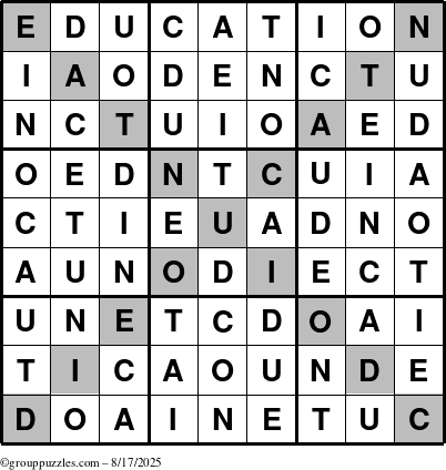 The grouppuzzles.com Answer grid for the Education-X puzzle for Sunday August 17, 2025