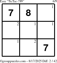 The grouppuzzles.com Easy TicTac-789 puzzle for Sunday August 17, 2025 with the first 2 steps marked