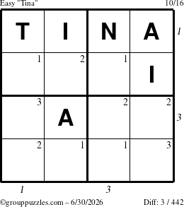 The grouppuzzles.com Easy Tina puzzle for Tuesday June 30, 2026, suitable for printing, with all 3 steps marked