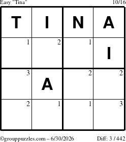 The grouppuzzles.com Easy Tina puzzle for Tuesday June 30, 2026 with the first 3 steps marked