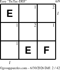 The grouppuzzles.com Easy TicTac-DEF puzzle for Tuesday June 30, 2026 with all 2 steps marked
