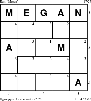 The grouppuzzles.com Easy Megan puzzle for Tuesday June 30, 2026, suitable for printing, with all 4 steps marked