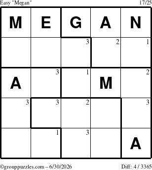 The grouppuzzles.com Easy Megan puzzle for Tuesday June 30, 2026 with the first 3 steps marked
