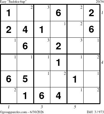The grouppuzzles.com Easy Sudoku-6up puzzle for Tuesday June 30, 2026, suitable for printing, with all 3 steps marked