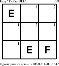 The grouppuzzles.com Easy TicTac-DEF puzzle for Tuesday June 30, 2026 with the first 2 steps marked