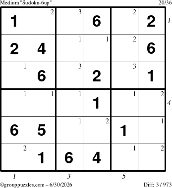 The grouppuzzles.com Medium Sudoku-6up puzzle for Tuesday June 30, 2026, suitable for printing, with all 3 steps marked