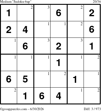 The grouppuzzles.com Medium Sudoku-6up puzzle for Tuesday June 30, 2026 with the first 3 steps marked