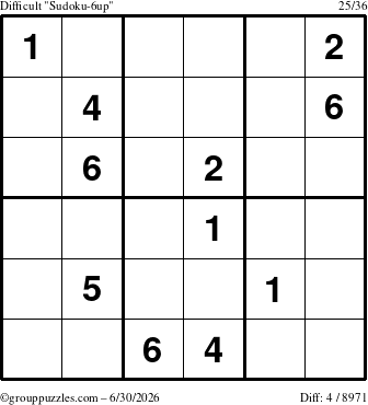 The grouppuzzles.com Difficult Sudoku-6up puzzle for Tuesday June 30, 2026