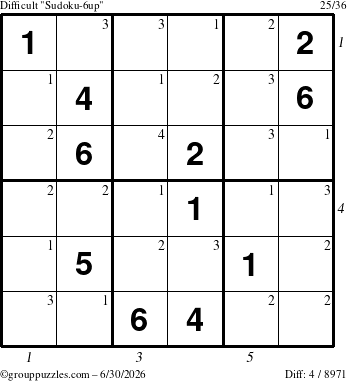 The grouppuzzles.com Difficult Sudoku-6up puzzle for Tuesday June 30, 2026, suitable for printing, with all 4 steps marked
