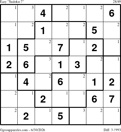 The grouppuzzles.com Easy Sudoku-7 puzzle for Tuesday June 30, 2026 with the first 3 steps marked
