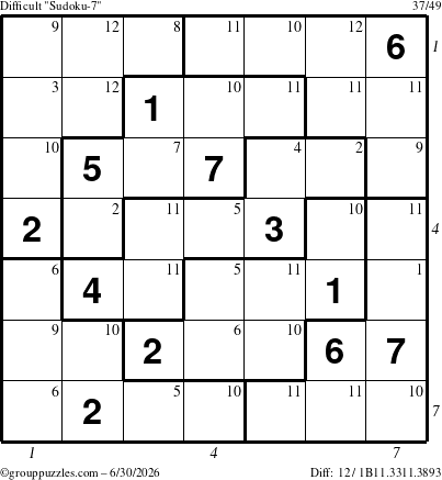 The grouppuzzles.com Difficult Sudoku-7 puzzle for Tuesday June 30, 2026 with all 12 steps marked