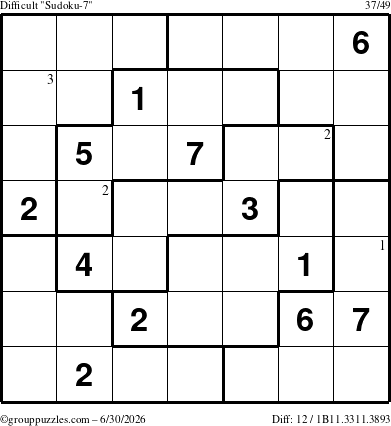 The grouppuzzles.com Difficult Sudoku-7 puzzle for Tuesday June 30, 2026 with the first 3 steps marked