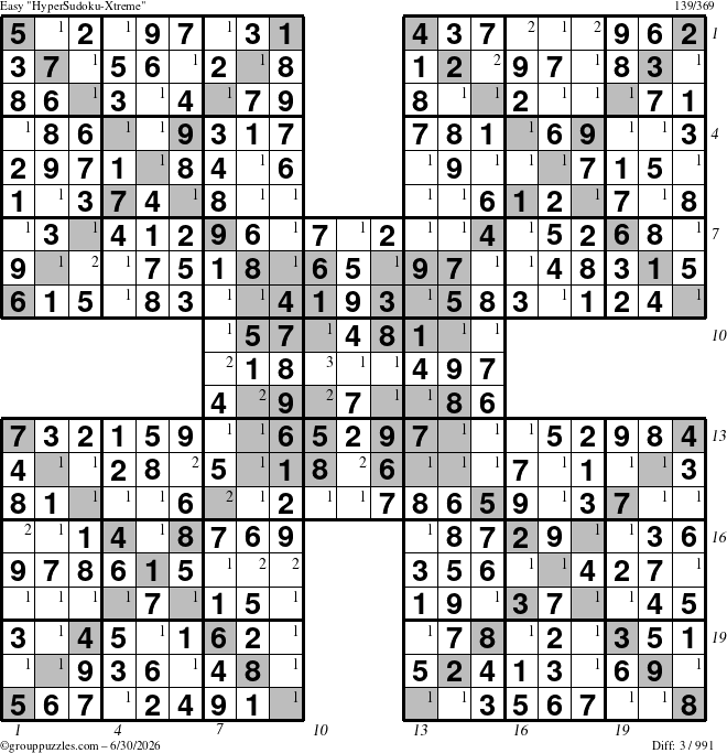 The grouppuzzles.com Easy HyperSudoku-Xtreme puzzle for Tuesday June 30, 2026 with all 3 steps marked