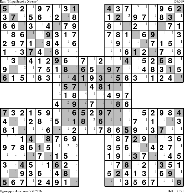 The grouppuzzles.com Easy HyperSudoku-Xtreme puzzle for Tuesday June 30, 2026 with the first 3 steps marked
