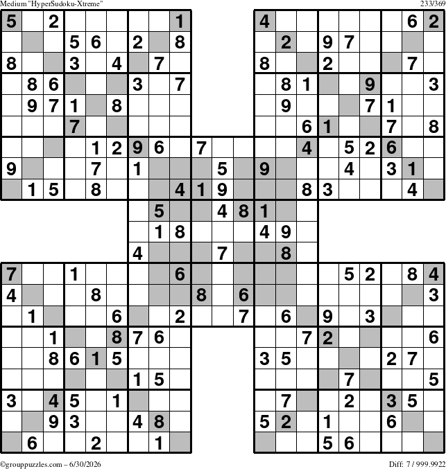 The grouppuzzles.com Medium HyperSudoku-Xtreme puzzle for Tuesday June 30, 2026