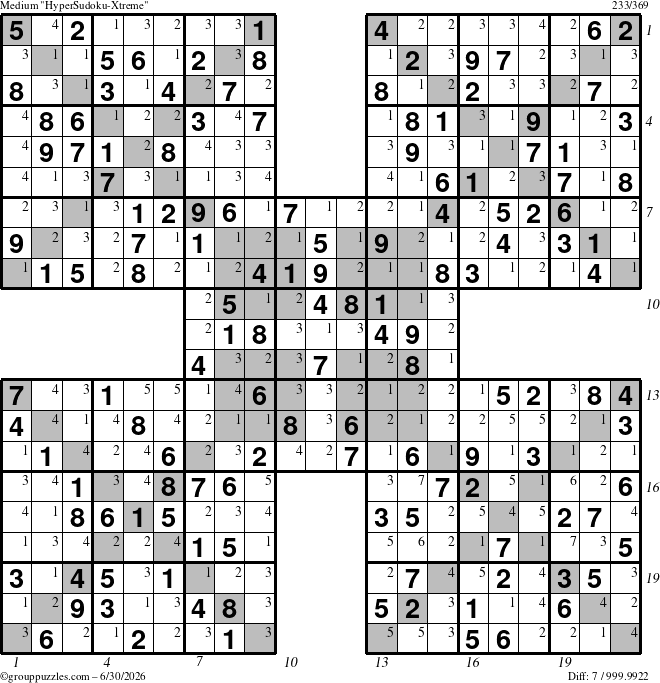 The grouppuzzles.com Medium HyperSudoku-Xtreme puzzle for Tuesday June 30, 2026 with all 7 steps marked